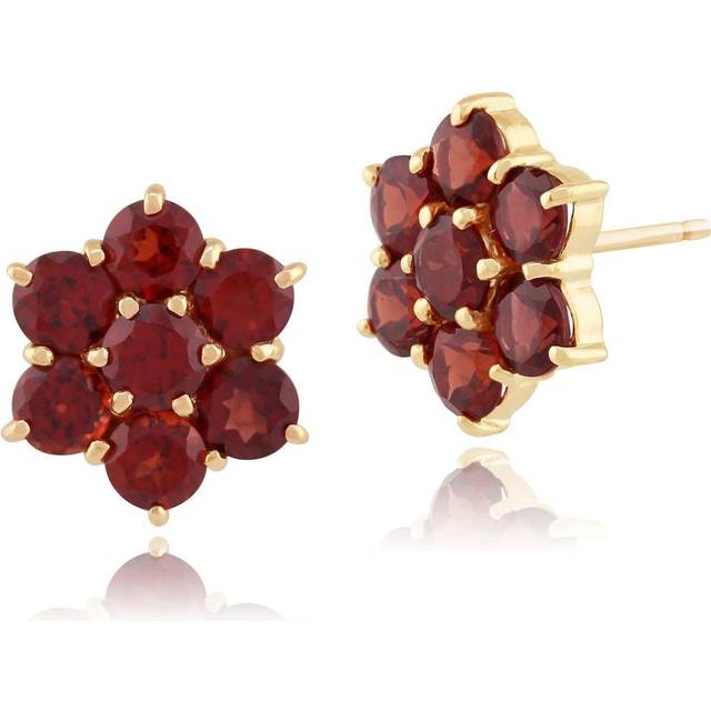 Floral Round Garnet Cluster Stud Earrings in 9ct Yellow Gold