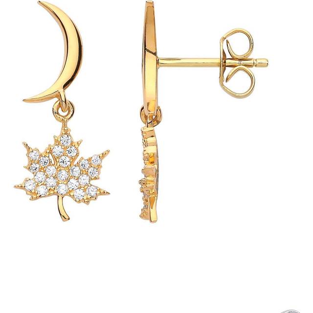 Jewelco London Ladies Yellow Gold-Plated Sterling Silver Cubic Zirconia Canada Maple Leaf Stud Drop Earrings - GVE696