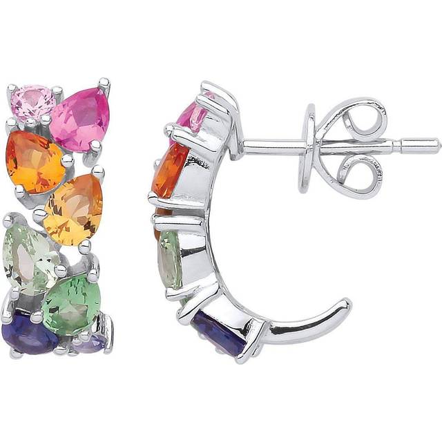 Jewelco London Sterling Silver Multi Colour Pear Cubic Zirconia Rainbow Tropical Half Hoop Drop Earrings 4mm 15mm - GVE858