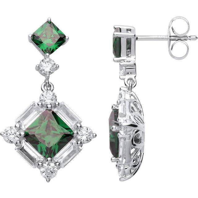 Silver jewelco london green princess cut cz square frame drop earrings