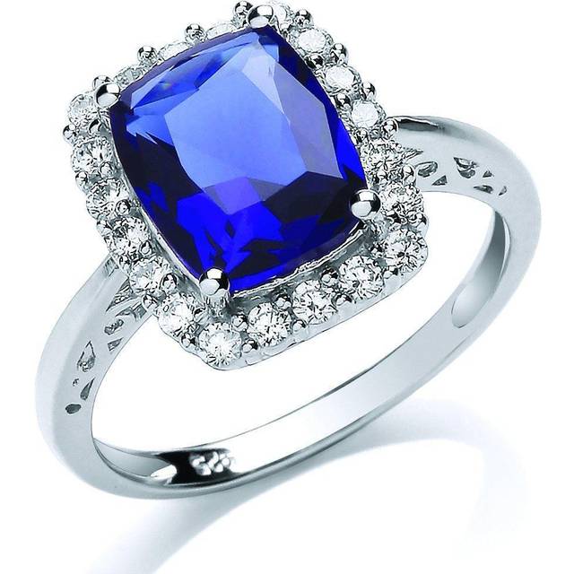 (M) Jewelco London Ladies Rhodium Sterling Silver Purple Emerald Cut CZ Shoulder-Set Halo Solitaire Engagement Ring