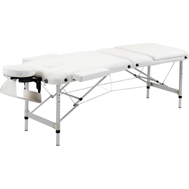 HOMCOM Folding PVC Leather Massage Table Aluminium Frame w/ Headrest Armrests Padding Handle Carry Bag Adjustable Height 3-Way Tri-Fold White