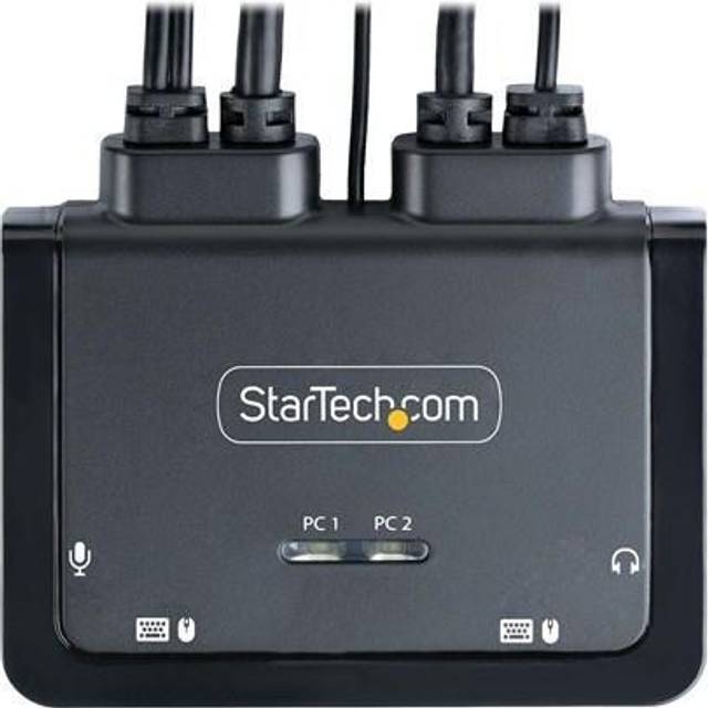 StarTech.com 2-portars hybrid USB-C HDMI-kabel KVM-switch, 4K 60Hz, kompakt KVM med 1,8 m USB-A/HDMI/ljud och 1,2 m USB-C-integrerade kablar, bussdriven, snabbtangenter växling (C2-H46-UAC-CBL-KVM)