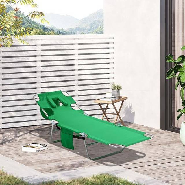 Outsunny Beach Chaise Lounge Portable Adjustable Backrest with Face Cavity Green | TJ Hughes