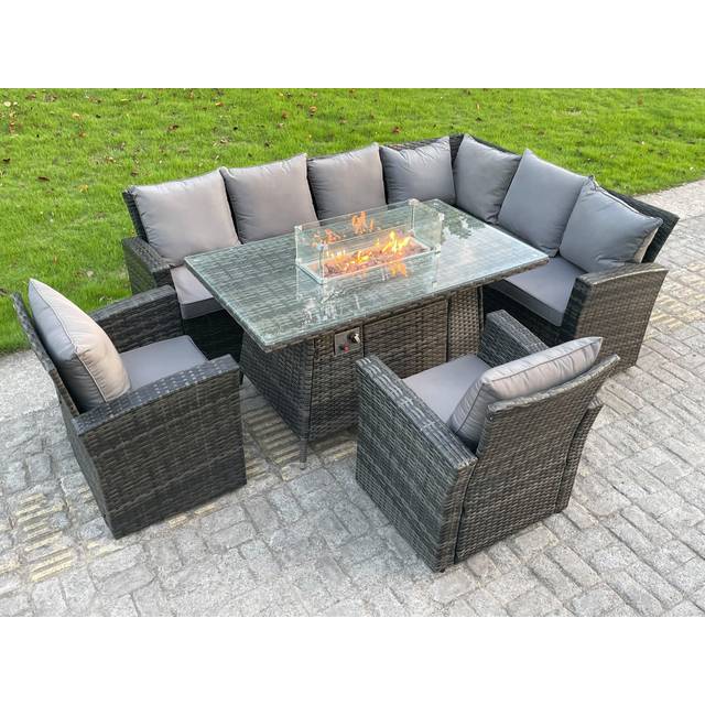 High Back Rattan Corne r Sofa Set Garden Furniture Sofa Gas Fire Pit Dining Table Gas Heater With 2 Arm Chair 8 Seater - Fimous