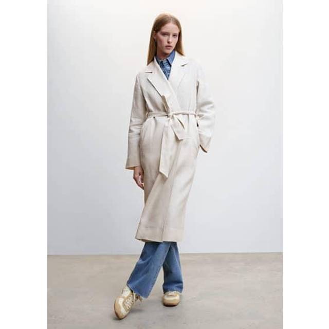 Cream Linen Trench Coat Lapels - Grey (S)