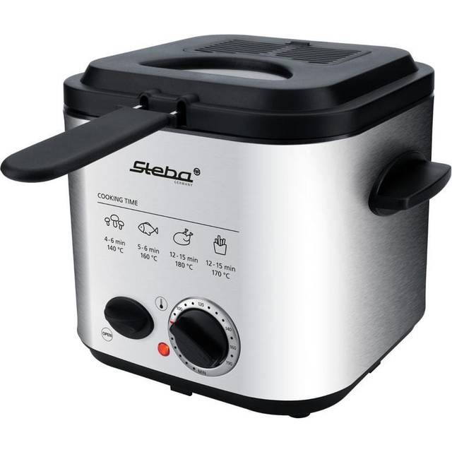 Steba Mini fritös i rostfritt stål med fondue-set 2-i-1 – luktfilter – 1,2 liter volym – 8 fonduegafflar i rostfritt stål – kraftfull och snabb tack vare 840 watt – DF 95
