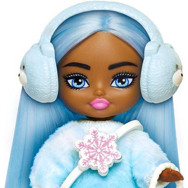 Barbie Extra Mini Minis Travel Doll with Blue Hair  Ombre Sweater Dress  Pastel Earmuffs  Snow Boots & Snow Accessories
