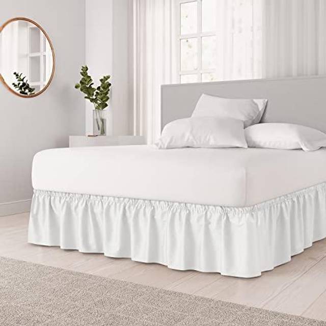 Wrap Around Dust Ruffle Bed Skirt - White - Bed Skirt for Full Size Beds with 15 in. Drop - Easy Fit Elastic Strap - Pleated Bedskirt with Brushed Fab