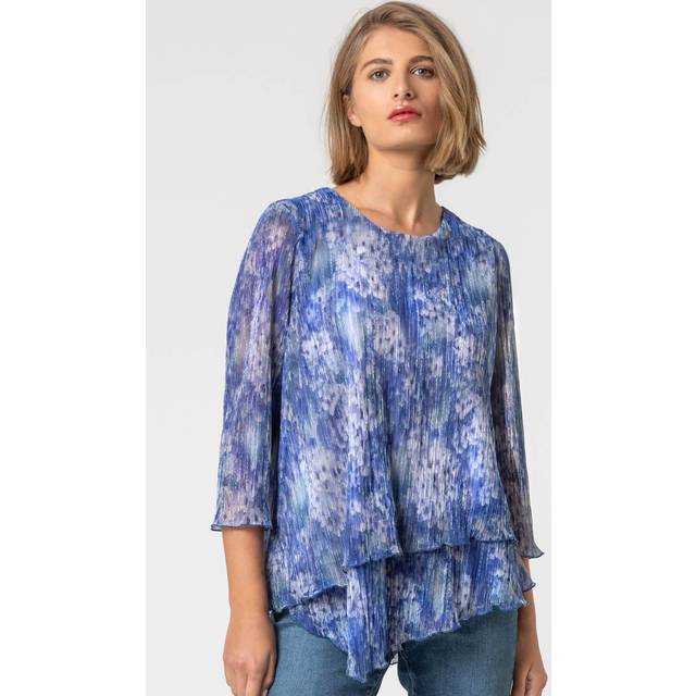 Roman Womens Abstract Metallic Plisse Asymmetric Top - Blue - Size 10 UK