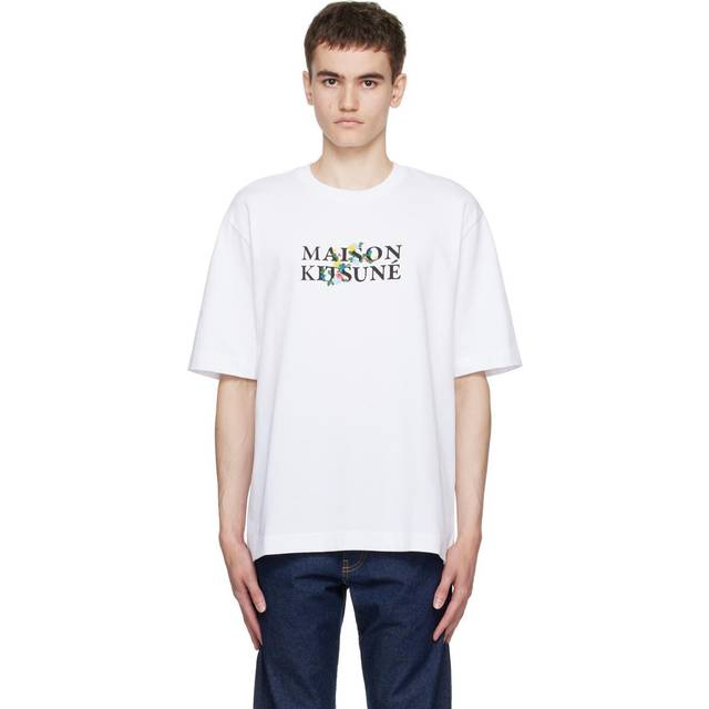 Maison Kitsuné, Topp, Herr, L, Bomull, T-shirt med blommigt tryck och logotyp