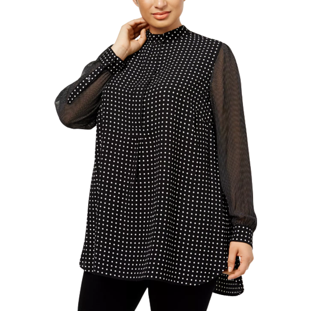Anne Klein Women's Plus Size Combo Sleeve Dot Print Poet Blouse in Black/White size 3X