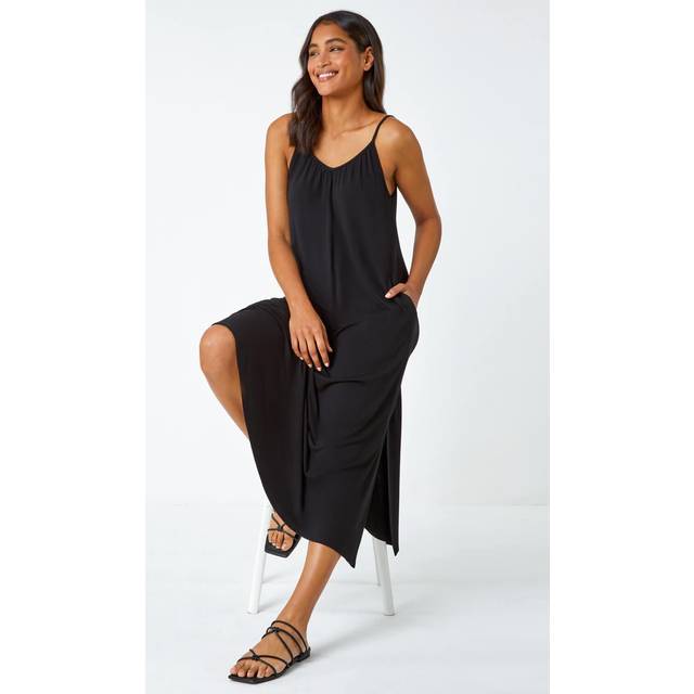 Plain Stretch Jersey Pocket Midi Dress - Black - Size 14 - Roman