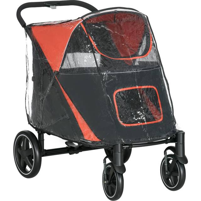 Pawhut One-click Foldable Pet Travel Stroller With Rain Cover, Cat Dog Pushchair With Front Wheels, Shock Absorber, Storage Bags, Mesh