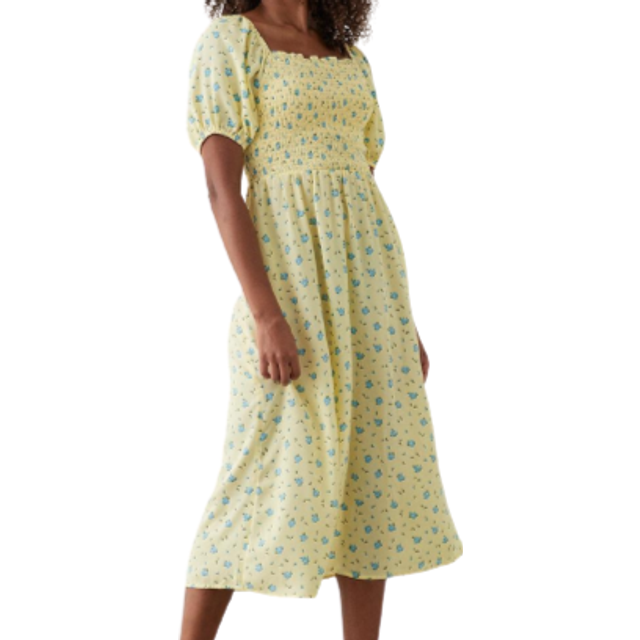 Womens Yellow Ditsy Floral Shirred Midi Dress - 16
