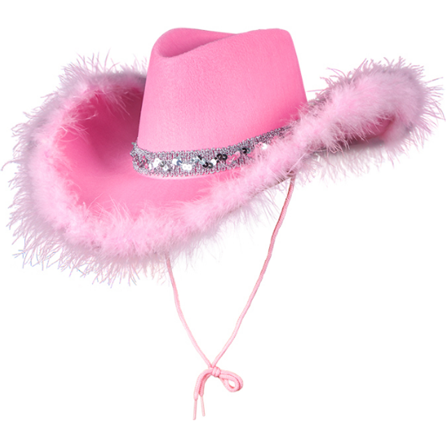Texan Cowgirl Hat Sequins Feathers Hen Night Fancy Dress - Pink