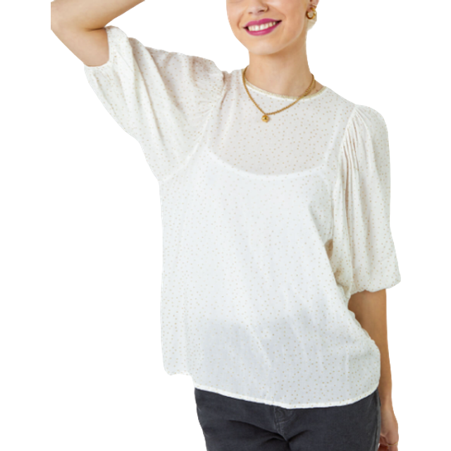 Dusk White Glitter Spot Balloon Sleeve Top - Size 14