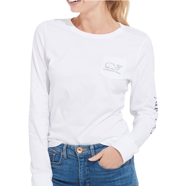 vineyard vines Women's Long Sleeve Vintage Whale Pocket T-Shirt  White Cap  X-Small