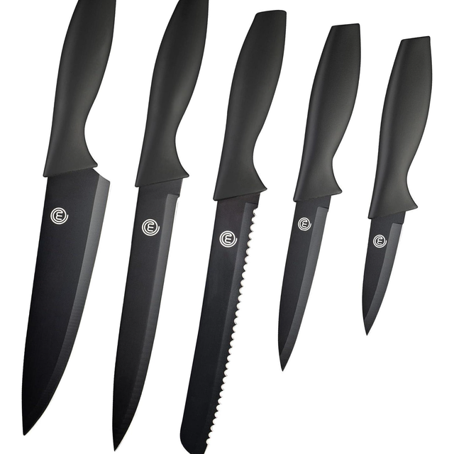 MasterChef Kitchen Knife Set of 5 Including Paring, Utility, Bread, Chef and Carving Knives, Sharp Stainless Steel, Non Stick Blades & Soft Touch Grip