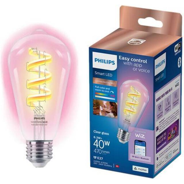 Philips Smart 6.3W ST64 E27 RGB Filament Bulb Connected by WiZ, Clear