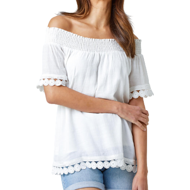 Roman Womens Lace Detail Shirred Bardot Top - Ivory Denim - Size 10 UK