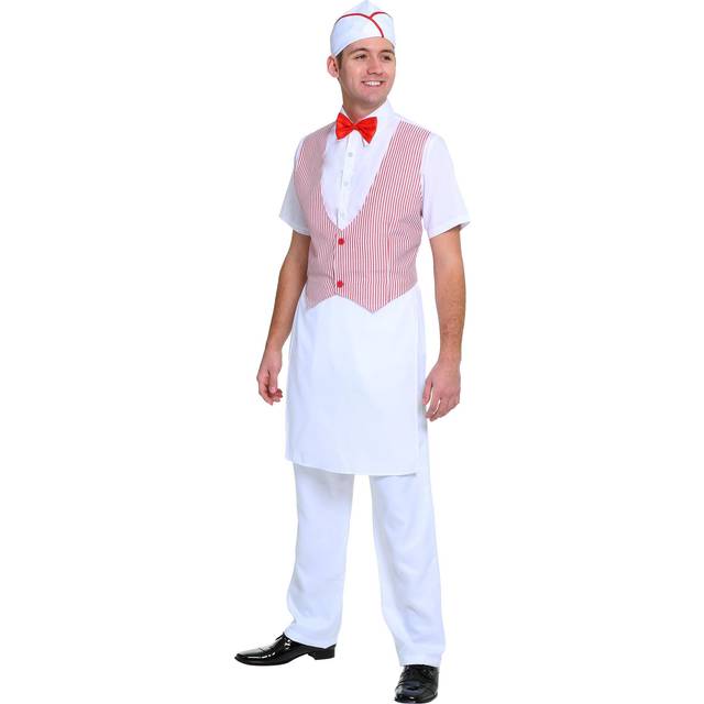 Adult 50's Retro Car Hop Waiter Costume | Decade Costumes - Red&#47;White (S)