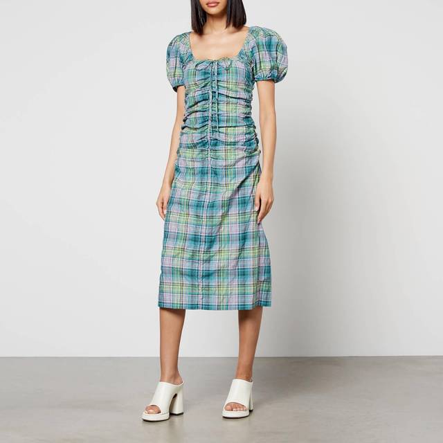 Ganni Checked Cotton-Blend Seersucker Midi Dress - EU 38/UK 10 - Blue