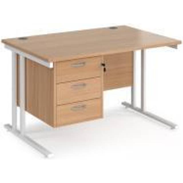Maestro 25 Beech Straight Office Desk with 3 Drawer Pedestal and White Cantilever Leg Frame - 1200mm x 800mm