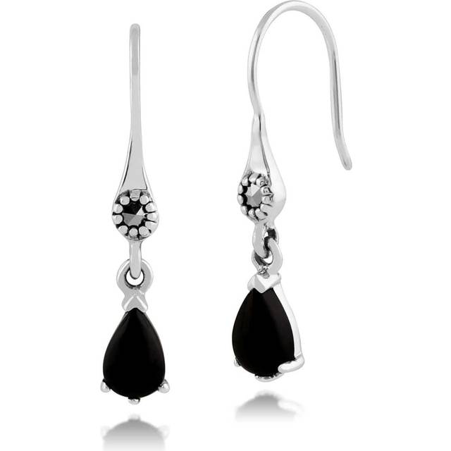 Art Nouveau Style Pear Black Onyx & Marcasite Drop Earrings in 925 Sterling Silver
