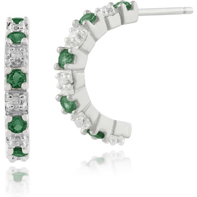 Classic Round Emerald & Diamond Half Hoop Style Earrings in 9ct White Gold