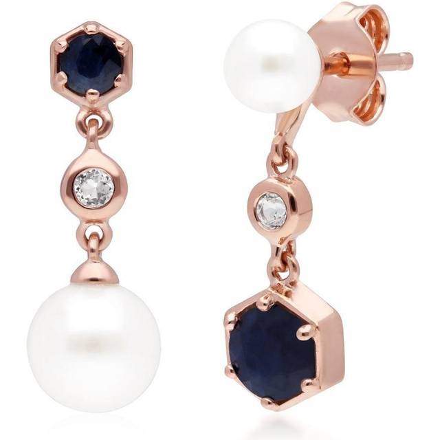 Modern Pearl, Sapphire & Topaz Mismatched Drop Earrings in Rose Gold Plated Sterling Silver