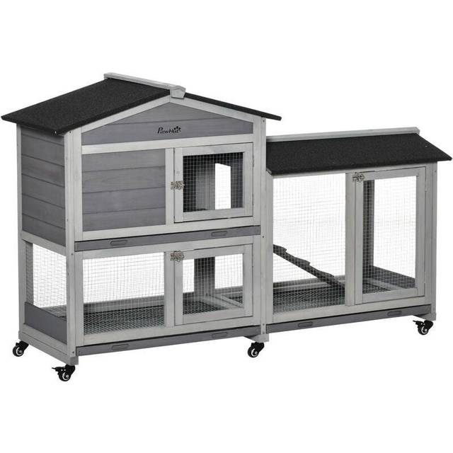 PawHut Wooden Rabbit Hutch Guinea Pig Cage w/ Wheels - Run - Ramp - Grey | TJ Hughes