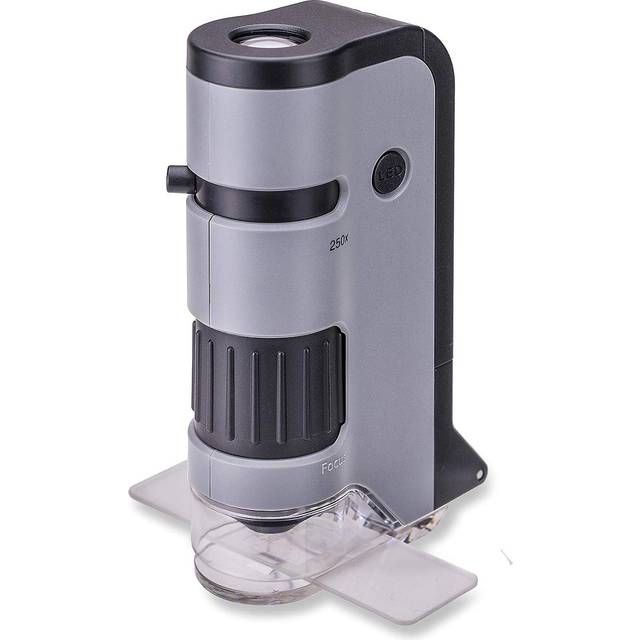 Carson MP-250 MicroFlip 100-250x LED-upplyst fickmikroskop med Smartphone Digiscoping Adapter Clip, Grå