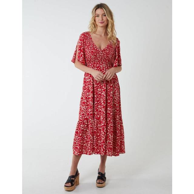 Womens Shirred Bust Midi Dress With Angel Sleeves - 8 - Red