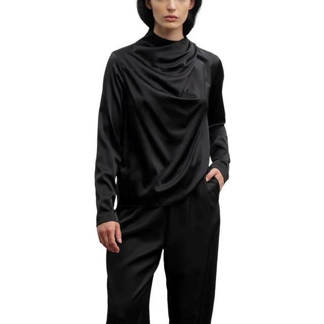 Ahlvar Gallery, Blusar & Skjortor , Dam, L, Jade Satinblus med Asymmetriska Veck - black (L)