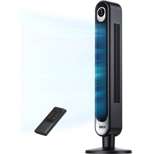 Dreo 106 cm tornfläkt med fjärrkontrolll, Tower fan, 7,3 m/s Hastighet, 4 hastigheter och 1–12 timmars timer, 50 W fläkt 90° oscillerande tornfläkt, tyst svalt stående fläkt, svart