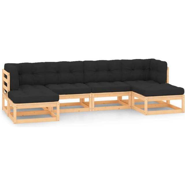 Loungegrupp med antracitfärgade dynor 6 delar massiv furu