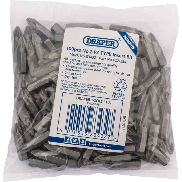 Draper Pozi Screwdriver Bits PZ2 25mm Pack of 100