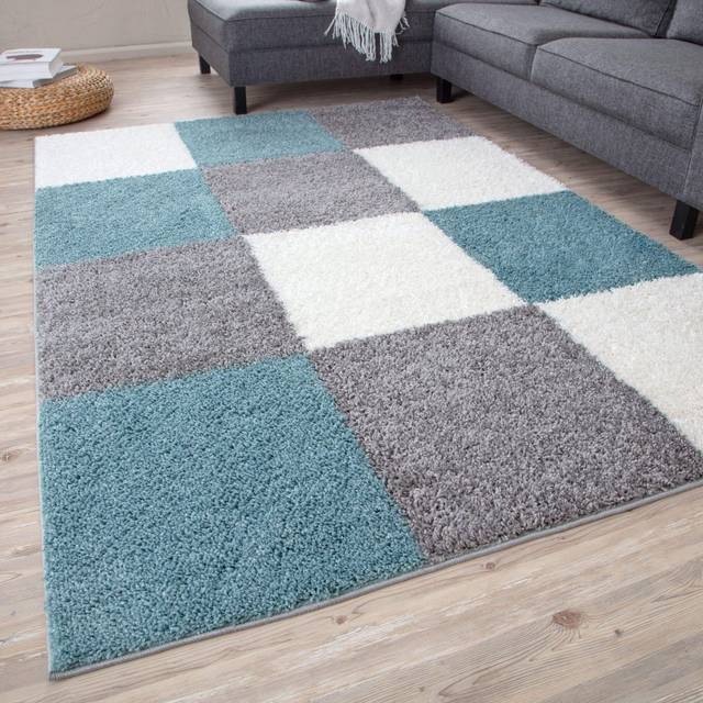 Myshaggy Collection Rugs Geometric Design in Duck Egg Blue - White;Duck Egg Blue;Grey (Square 120cm)