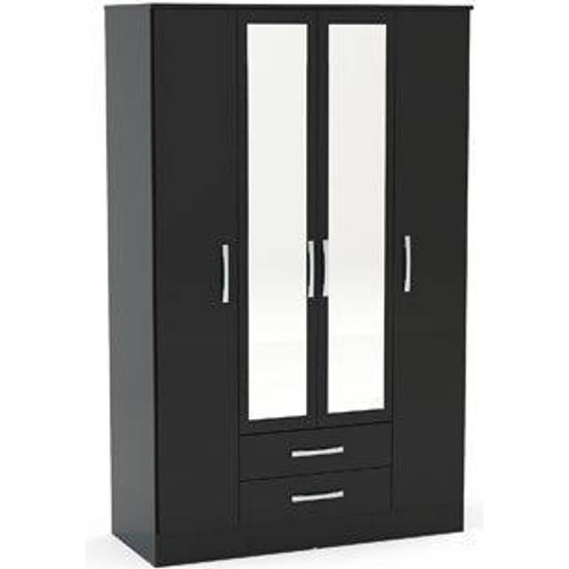 Lynx 4 Door 2 Drawer Black Mirror Wardrobe - Birlea