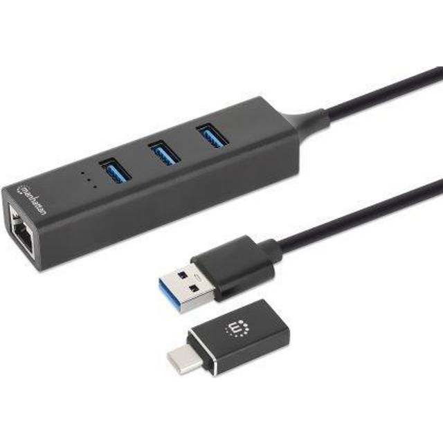 Manhattan USB-C & USB-A Combo Dock/Hub Ports (4): Ethernet and USB-A (x3) 5 Gbps (USB 3.2 Gen1 aka USB 3.0) External Power Supply Not Needed Universal for all devices USB-A Male with Attachable USB-C Male Adapter SuperSpeed USB Black Three Ye