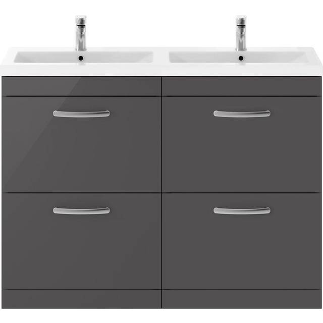Nuie Athena 4 Drawer Vanity Unit and Double Ceramic Basins | Gloss Grey | MDF | 1200mm