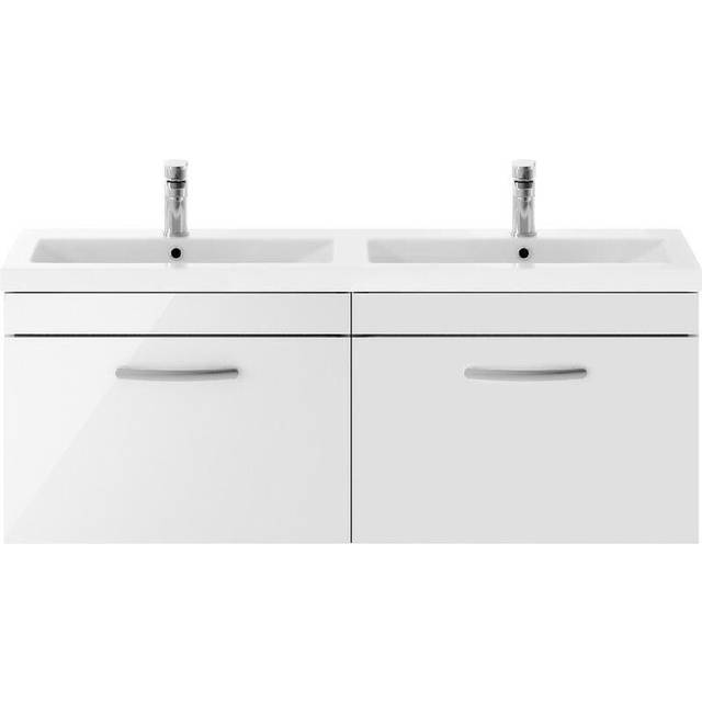 Nuie Athena 1200 Wall Hung 2-drawer Vanity & Ceramic Double Basin - Gloss White, White