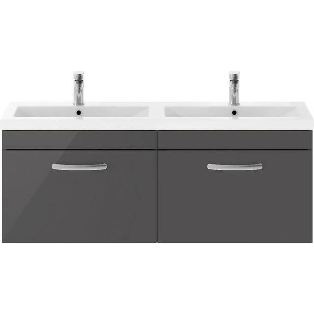 Nuie Athena Wall Hung 2 Drawer Vanity Unit and Double Ceramic Basins | Gloss Grey | MDF | 1200mm