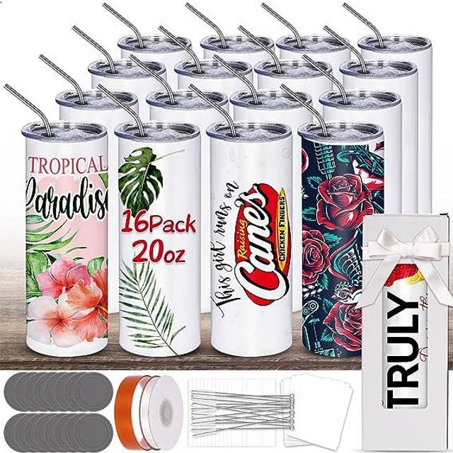 Sublimation Tumblers bulk 20 OZ Skinny Stainless Steel Double Wall Insulated Straight Sublimation Cups 16 Pack Blanks White Tumbler with Lid