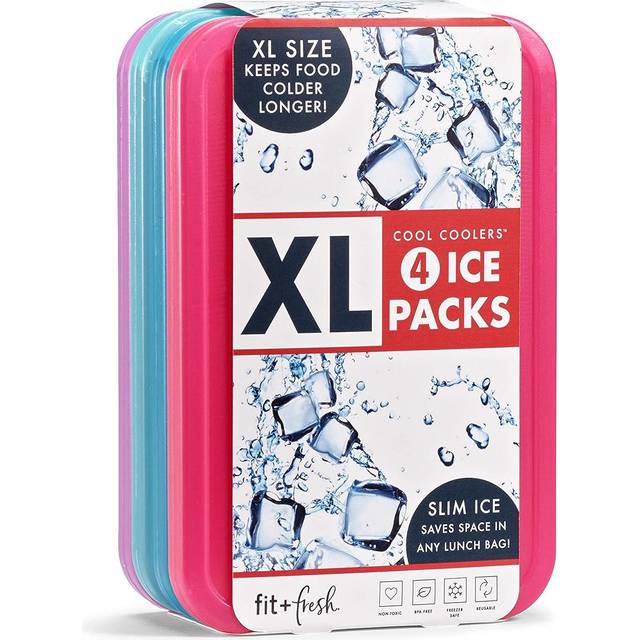 Fit + Fresh XL Cool Coolers Freezer Slim Ice Pack for Lunch Box, Coolers, Beach Bags and Picnic Baskets, Multi-Colored, 4 pack