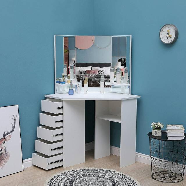 Portland 5 Drawer White Corner Dressing Table Set with Mirror - 53 x 111 x 141cm