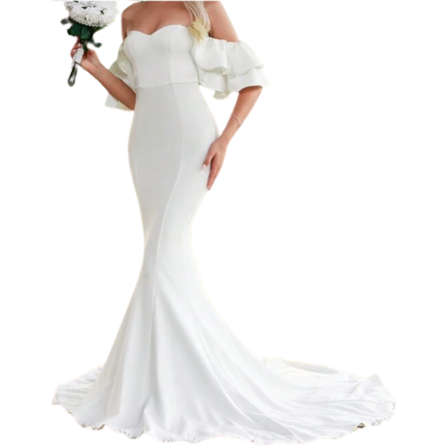 SHEIN Off Shoulder Ruffle Trim Floor Length Wedding Dress White Elegant Bridal Dress,Bride