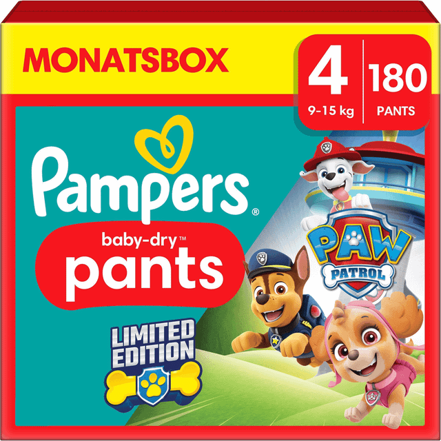 Baby-Dry Nappy Pants Paw Patrol Edition Size 4, 180 Nappies, 9-15kg, Monthly Pack, With A Stop & Protect Pocket To Help Prevent Leaks At The Back