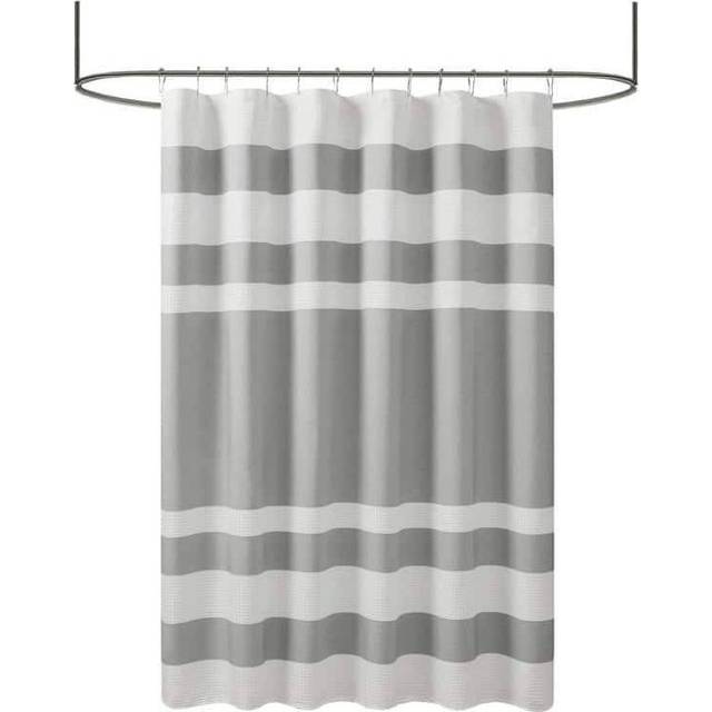 Madison Park duschdraperi våffelväv randig design tyg duschdraperier för badrum med 3M Scotchgard fukthantering premium spa-kvalitet modern standard 183 cm x 183 cm grå